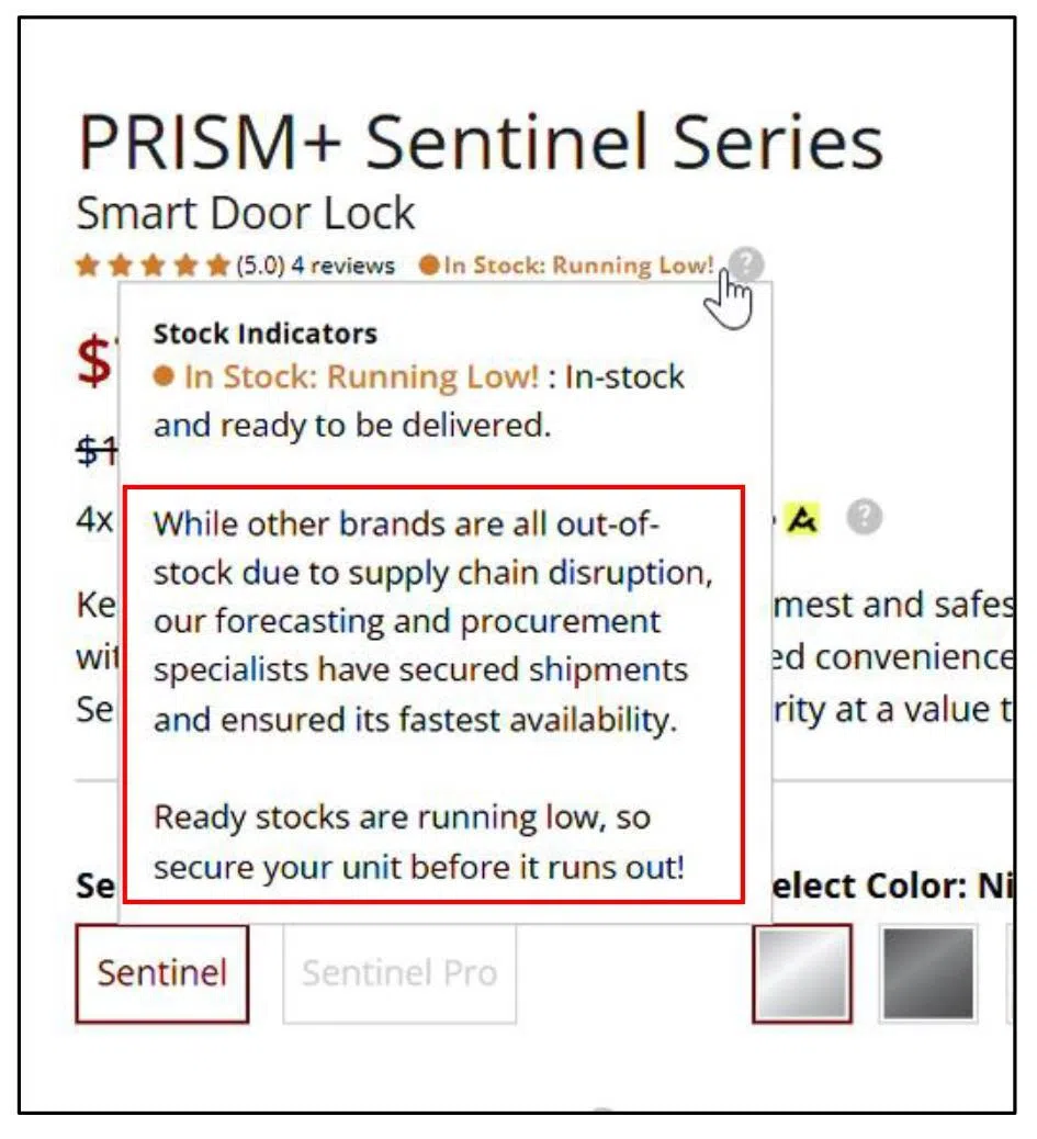 在某产品库存充足的情况下，Prism+网站上仍标着“库存告急”的标识。（新加坡竞争与消费者委员会提供）
