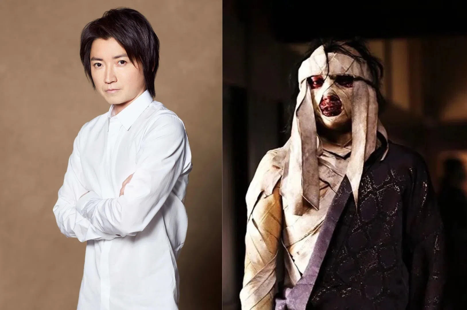 藤原龙也在电影《浪客剑心》系列饰演主角的死对头，因烧伤而全身包绷带的志志雄真实（右）。