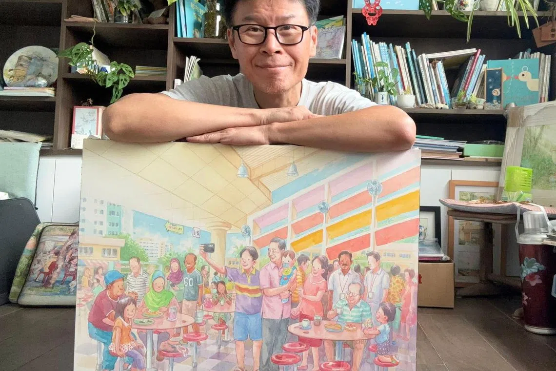 去年，阿果绘制了一副国务资政李显龙与居民亲切互动的画作。画作后来在11月人民行动党70周年党庆时赠给了李资政。（受访者提供）