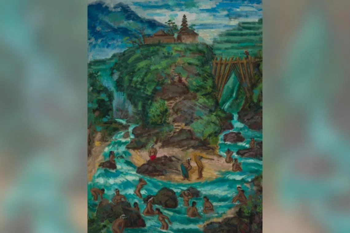 1953年，先驱艺术家刘抗绘制《峇厘岛风光》油画，同年写下《峇里行》，感叹当地的风土民情为东方艺术和宗教信念的产物，然而已受西方文明的入侵和摧残。（国家美术馆提供）