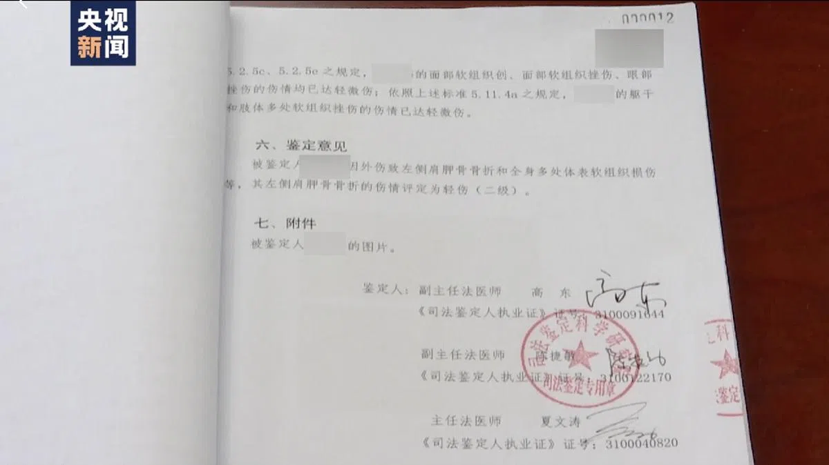 被害人被打的司法鉴定书。（视频截图）