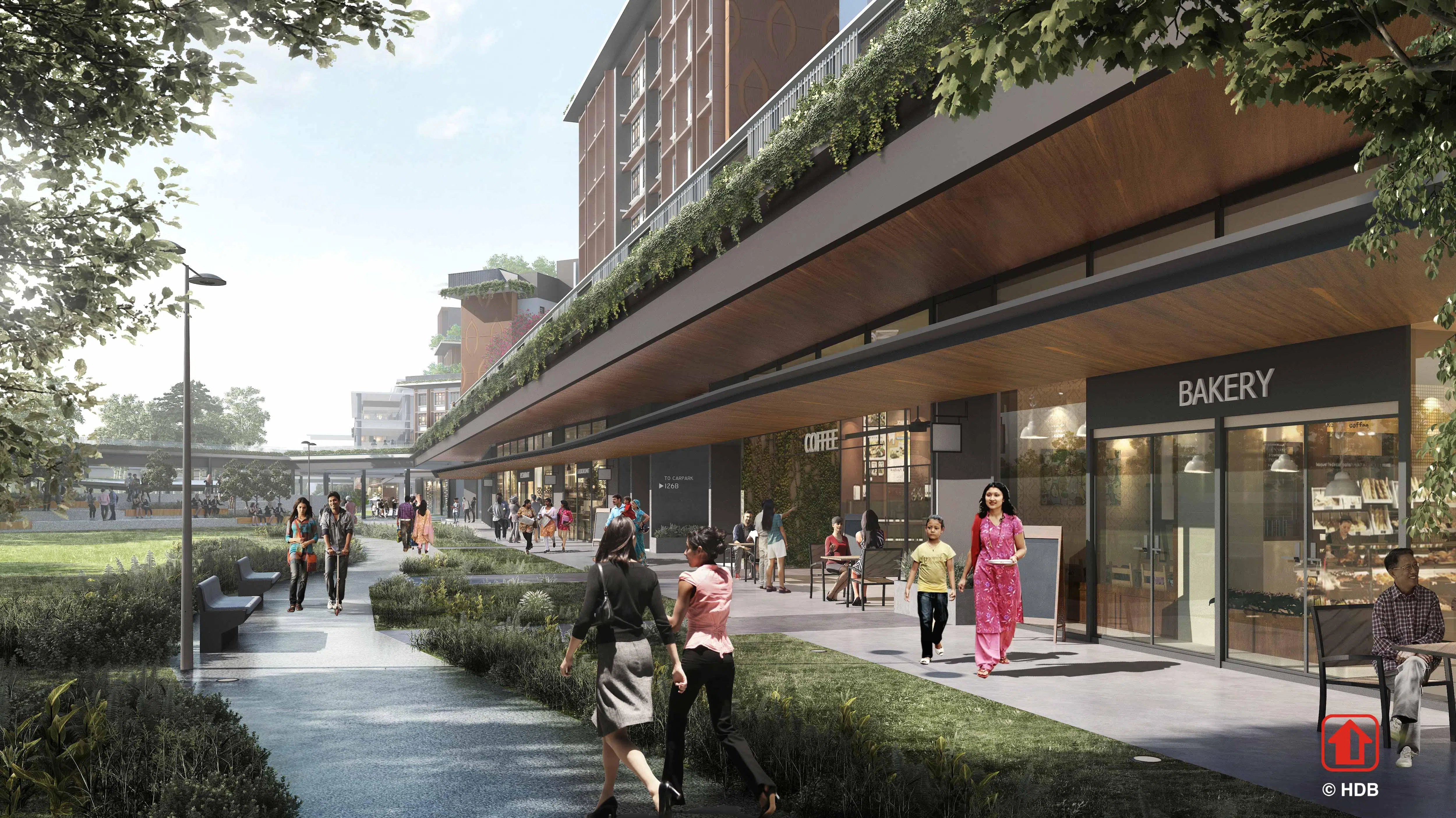从登加邻里中心沿着第127A座到126A座将建起一条零售街，有14家食肆和零售店，居民日后可通过这条有盖街道往来裕廊区域线的新地铁站。（建屋局提供）