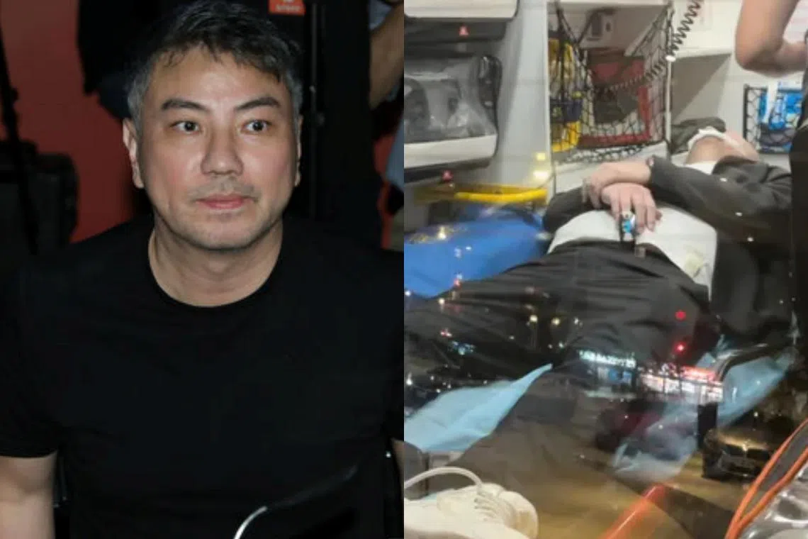 詹仁雄（左图）因为喝醉跌倒，被救护车送往医院（右图）。（互联网）