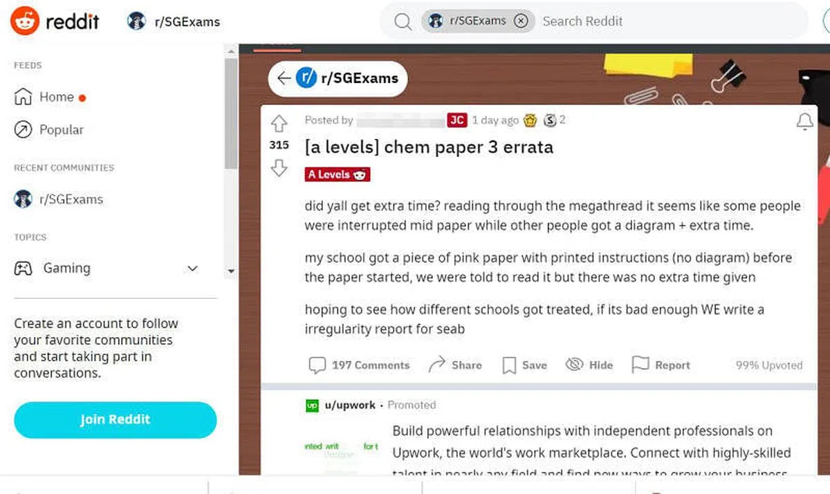 考试结束后，一名考生在Reddit网站上贴文，指试卷第五题出题错误。（网页截图）
