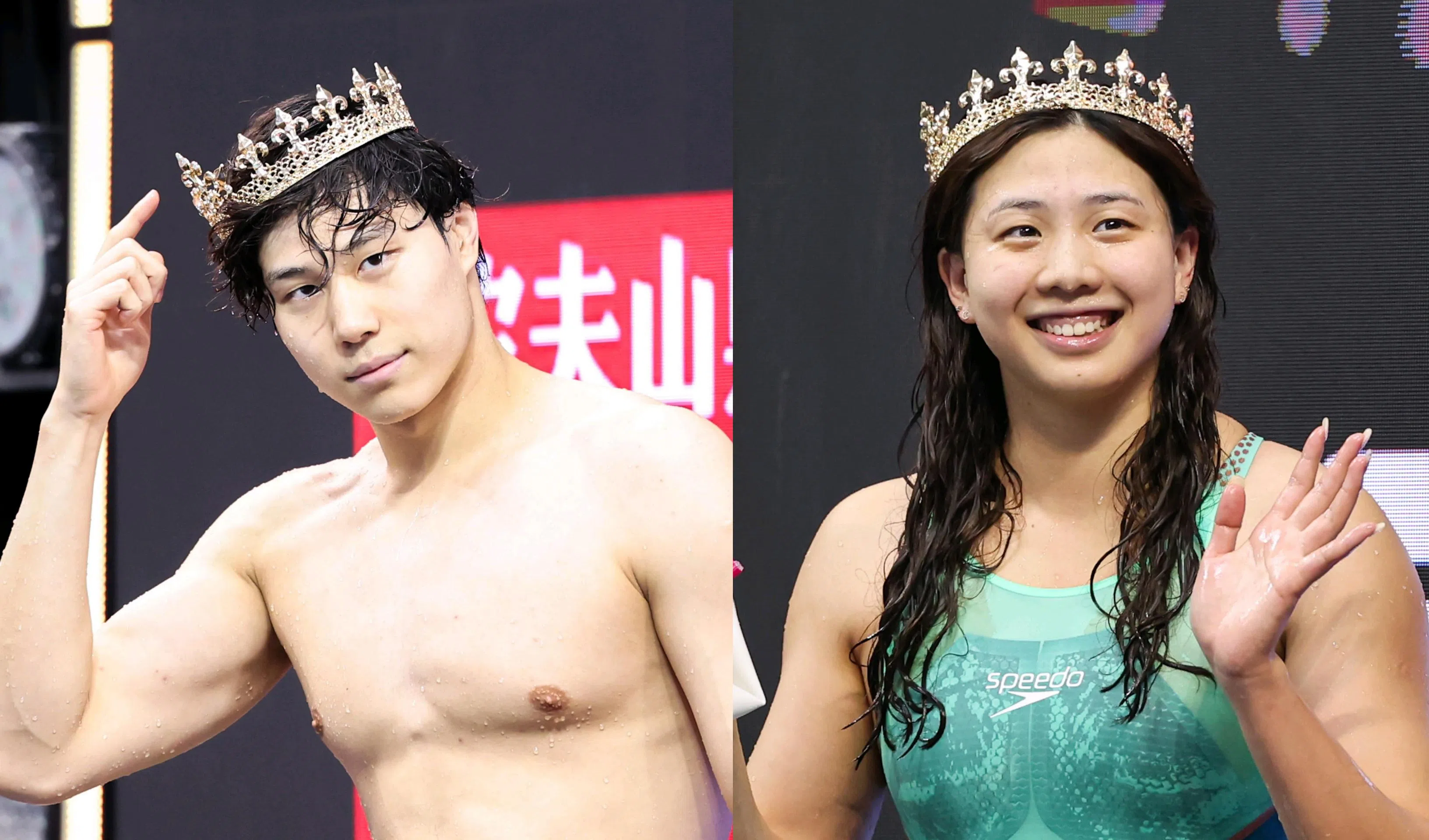 中国“蛙王”覃海洋（左）和“蛙后”唐钱婷勇夺男子50米蛙泳和女子100米蛙泳三连冠。（海峡时报）