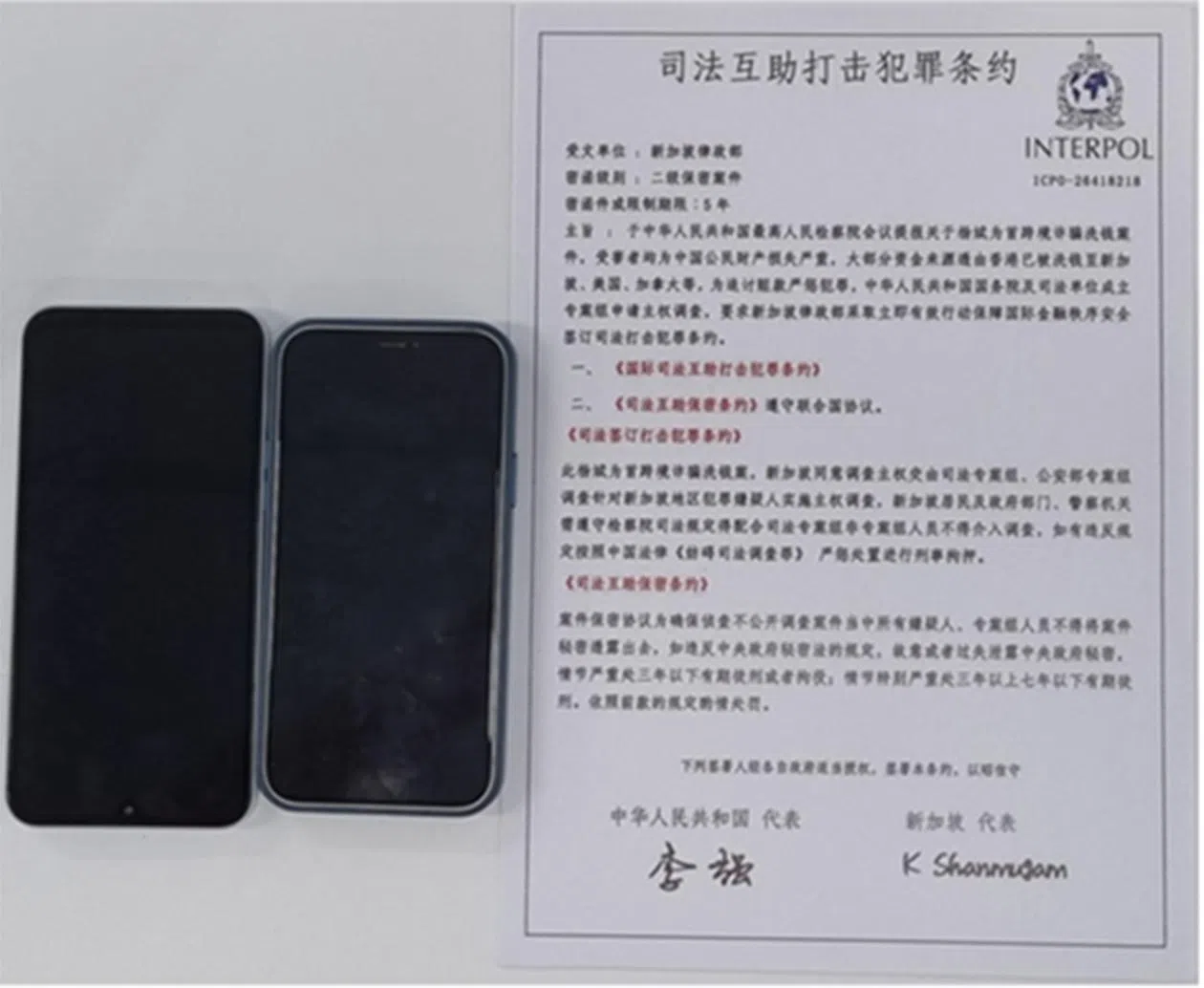 20岁嫌犯被搜出两台手机和一些用于犯罪的文件。（新加坡警察部队提供）