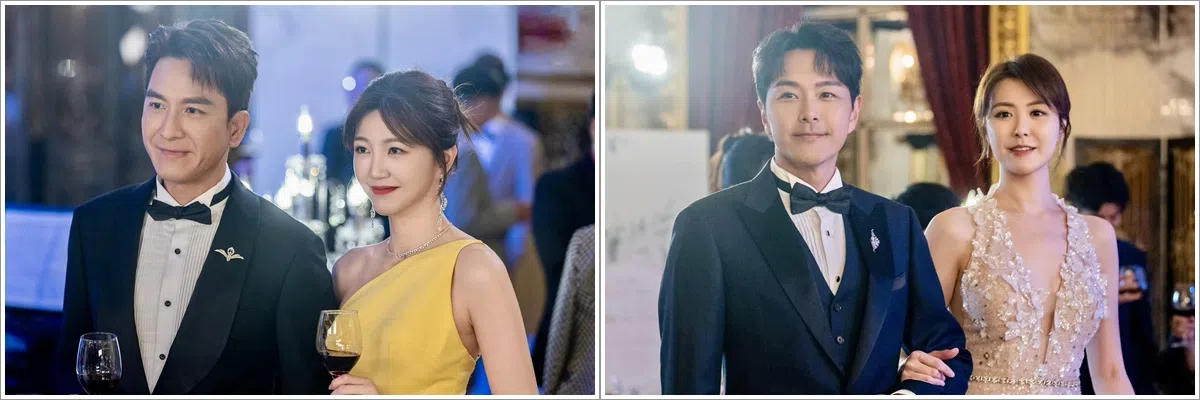 马国明（左图左起）饰演王家长子为明塱医院院长，其妻为吴若希饰演陈丽雪；老二萧正楠（右图左起）是神经外科主管，太太为刘佩玥饰演文以珈。（互联网）