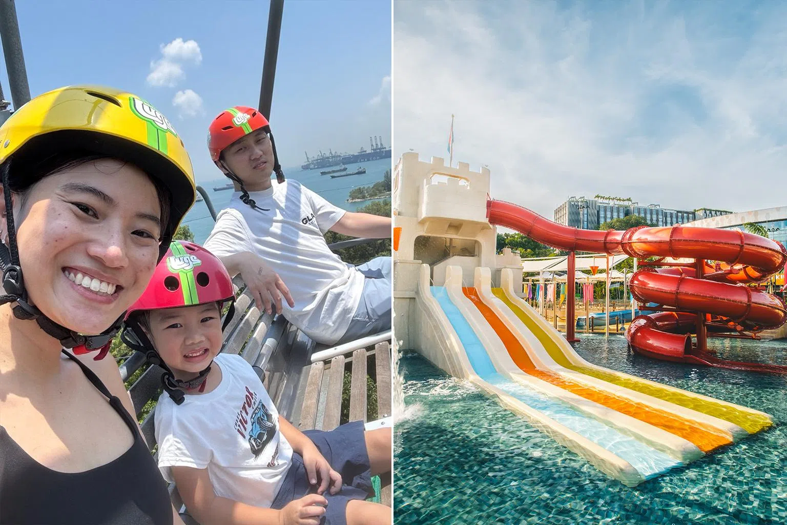 升格为母亲的王洁仪如今也爱带家人重游圣淘沙，孩子尤其享受Splash Tribe户外水上乐园（右），在欢笑中让温馨的合家欢记忆代代延续。（受访者提供）