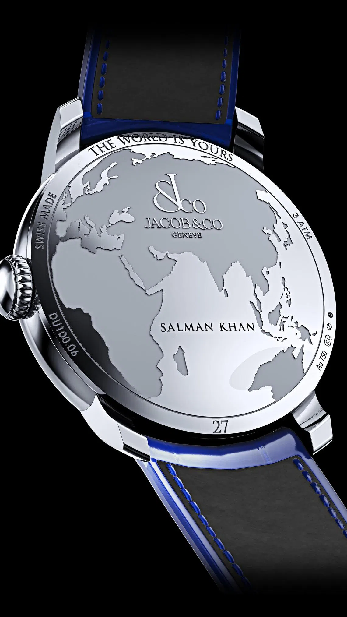 Jacob & Co. x Salman Khan联名双时区腕表，表背刻有萨尔曼·汗英文名。（杰克宝提供）