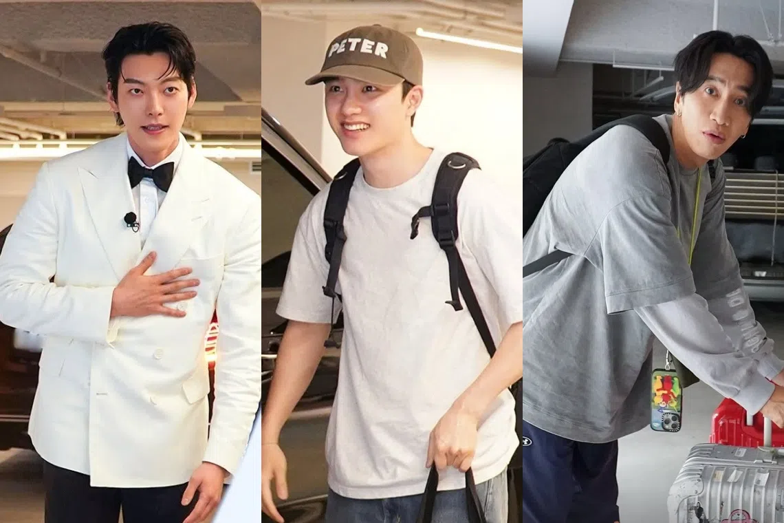 金宇彬（左）穿着西装到机场，都敬秀（中）和李光洙则身穿便装，形成强烈对比。（取自tvN Asia IG）