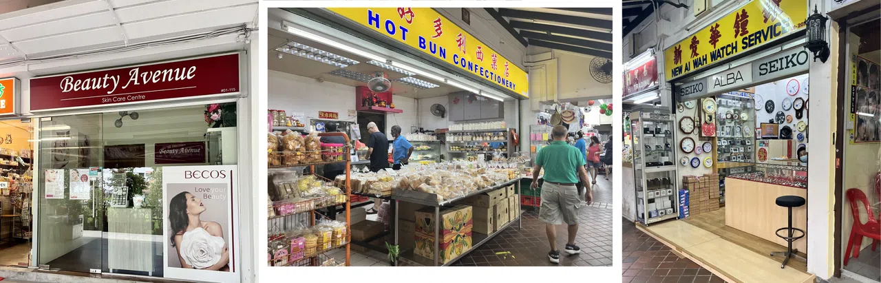 德惠街坊推荐的小店：大牌16的美容院（左起）、大牌144的传统西菓店和钟表店。（陈映蓁摄）