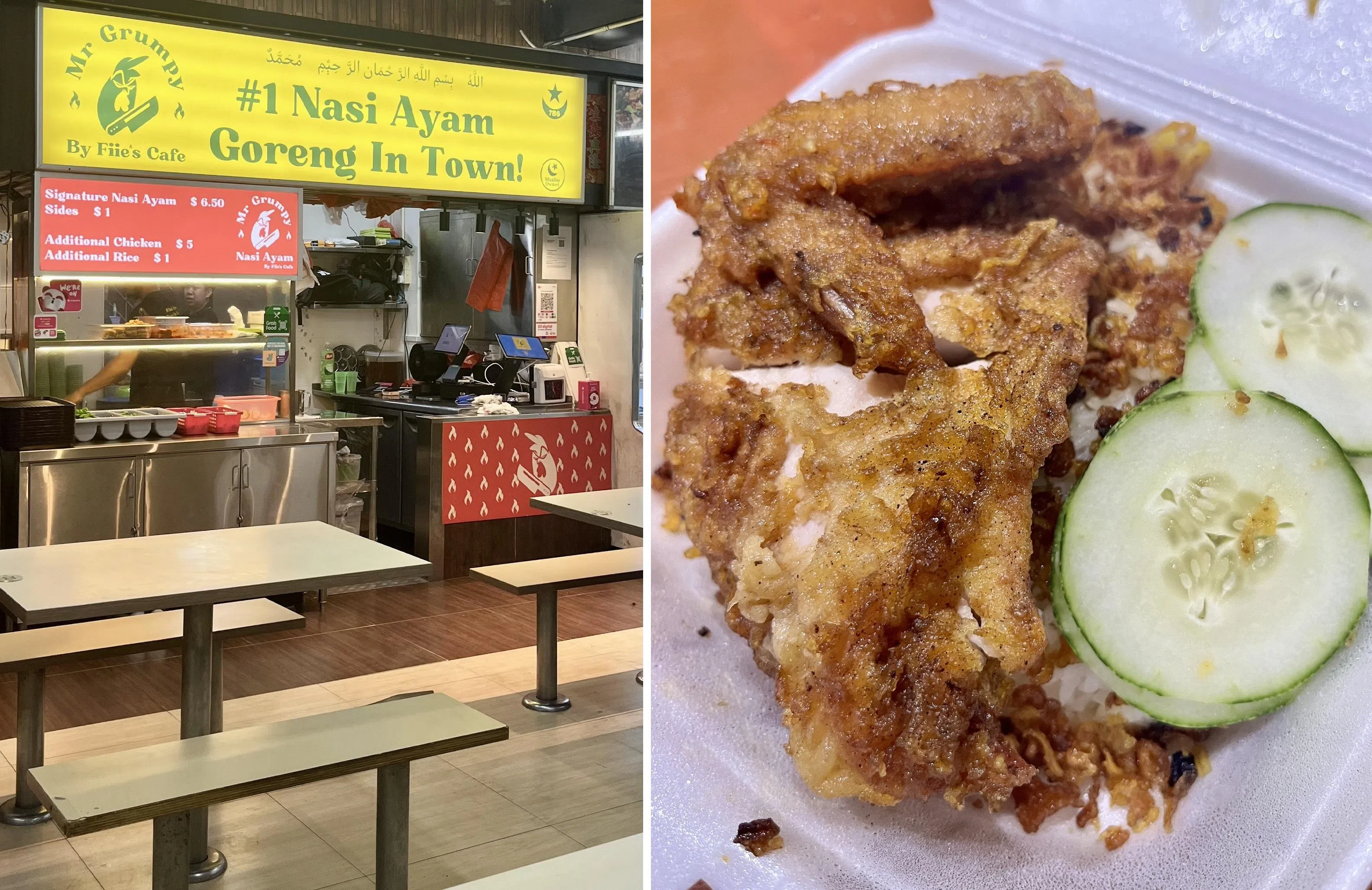 第43座组屋的Mr Grumpy（“坏脾气先生”）以马来炸鸡饭最拿手，无论堂食或外带都让人垂涎三尺。（陈映蓁摄）