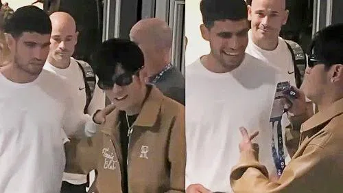 周杰伦（左图右）戴着墨镜与小蛮牛寒暄。（取自Australia Open IG）