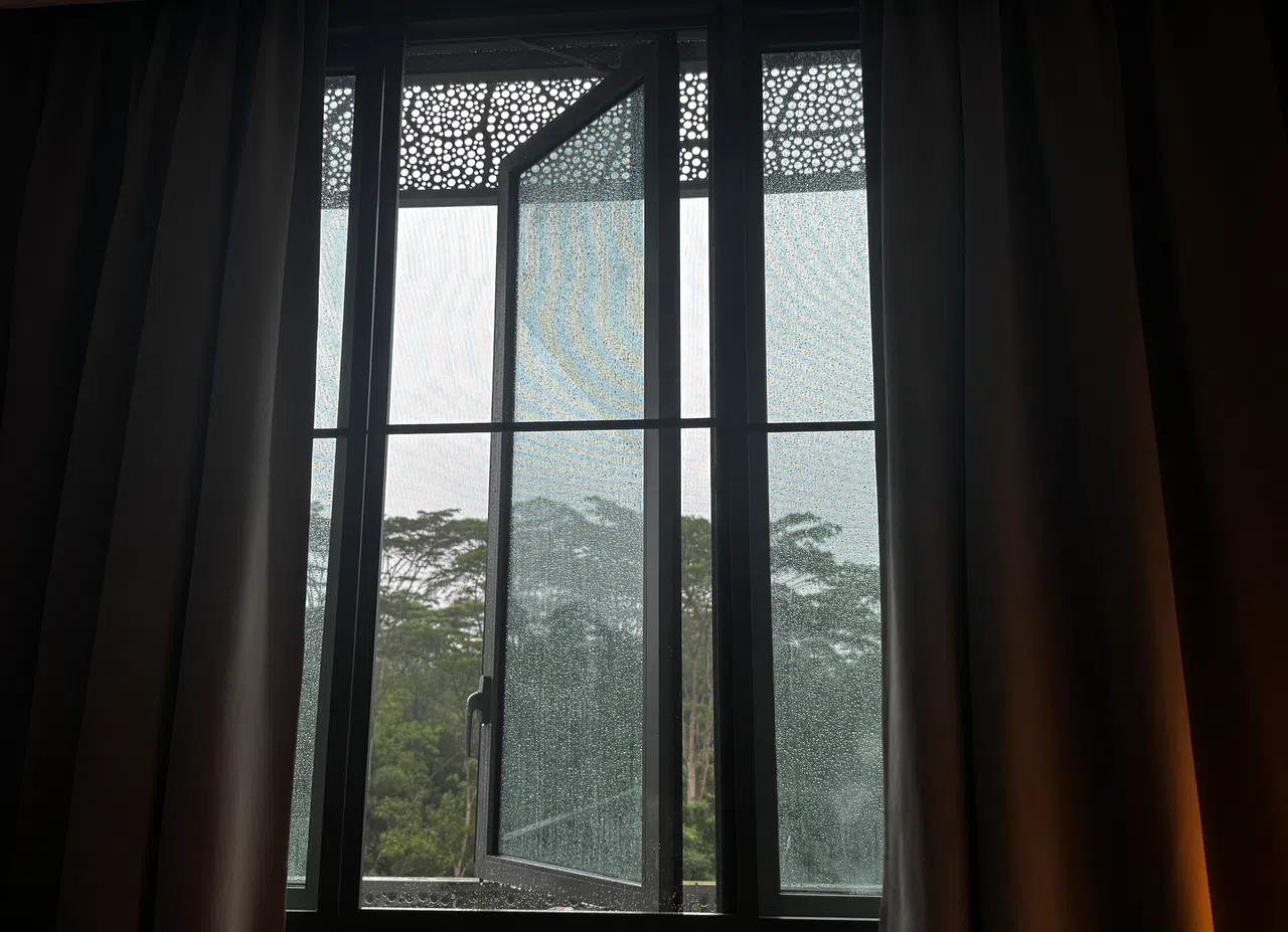 烟霾笼罩雨林，雨下一整天，在十四号房里只能避雨，滴水的衣服都在抗议。（李画扬摄）