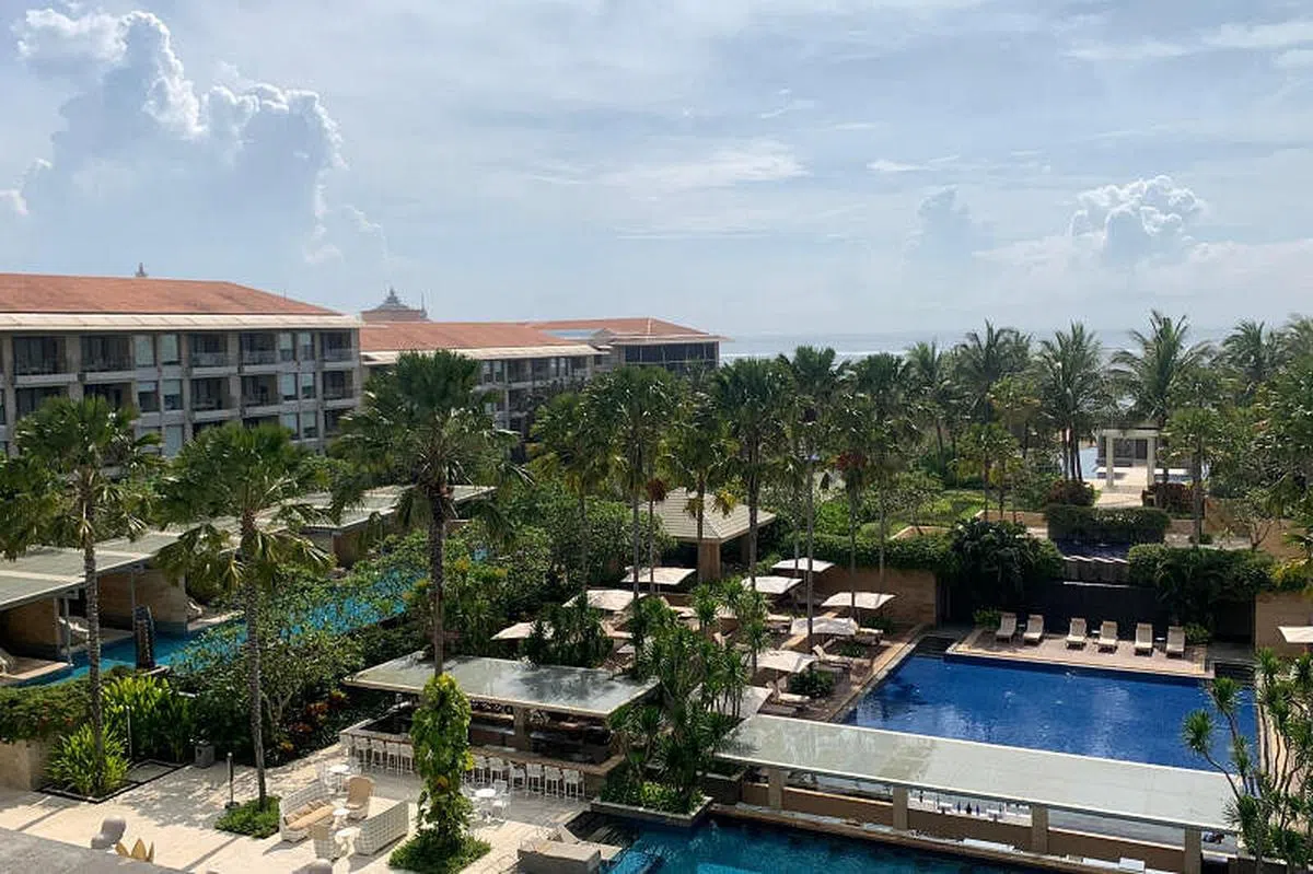 拜登和习近平将进行会晤的地点穆里亚酒店（Mulia Hotel）的全景。（路透社）