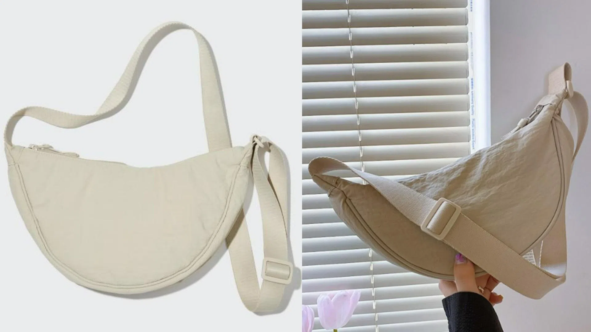 优衣库在日本控告希音（SHEIN）抄袭其热门单肩包的设计。图为优衣库背包（左）和希音背包（右）。（互联网）