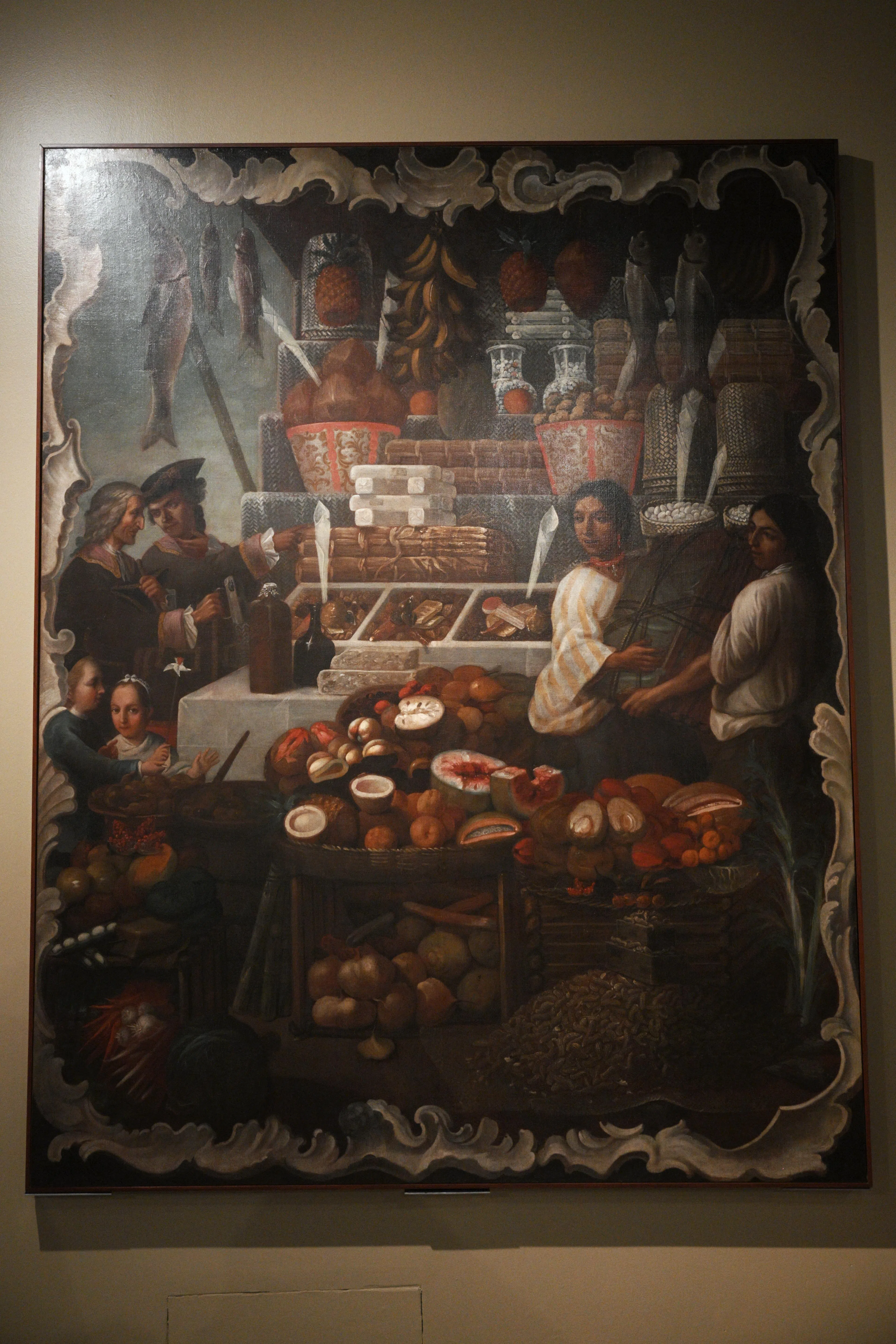 两年前未能来新展览的其中一幅油画展示了墨西哥城广场市集的蔬果贸易。（海峡时报）