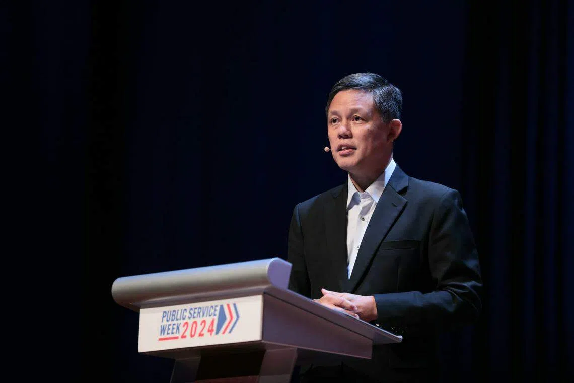 主管公共服务的教育部长陈振声，星期三（7月10日）在公共服务周开幕仪式致辞。（梁麒麟摄）