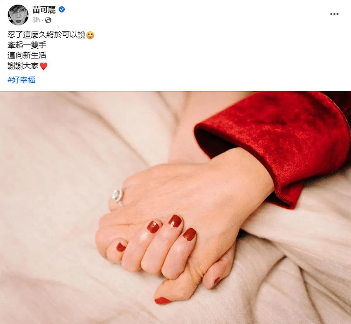 苗可丽在脸书上载牵手照。（截自艺人脸书）