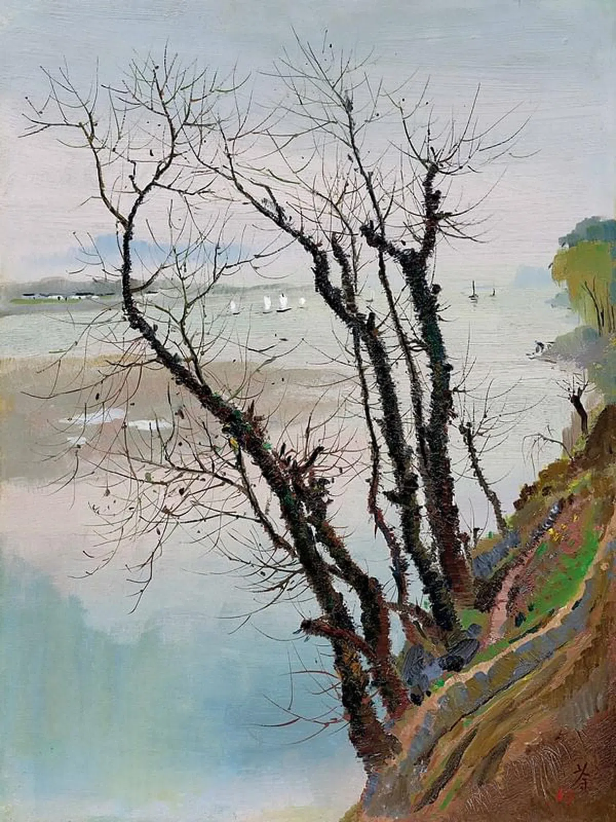 吴冠中《富春江之晨》油彩木板，61×46cm，1963年作，估价800万至1500万港币（约136万7000新元至256万4000新元）。（图/中国嘉德（香港）提供）