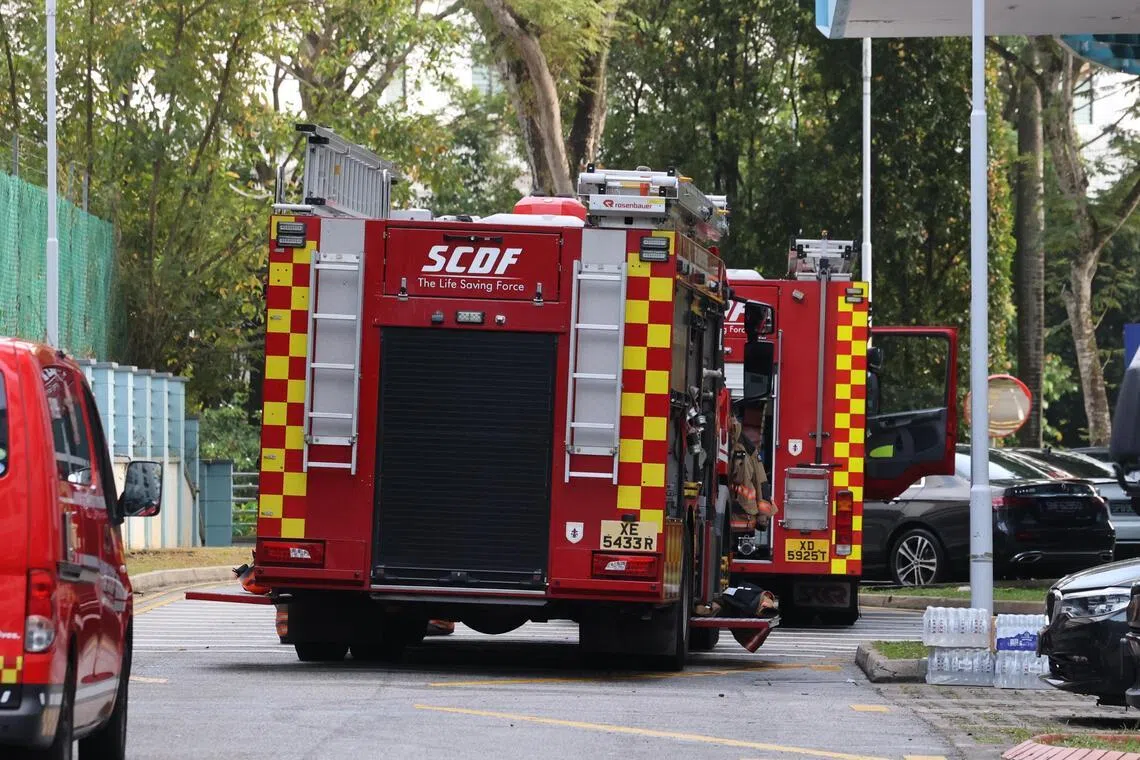 民防部队到场出动水枪灭火。（庄耿闻摄）