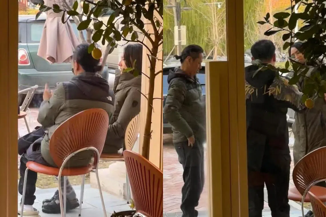 马浴柯（左图左，右图左）和梁洛施在北京咖啡馆被“野生捕获”，据知现场还有其他友人（右图中）。（互联网）