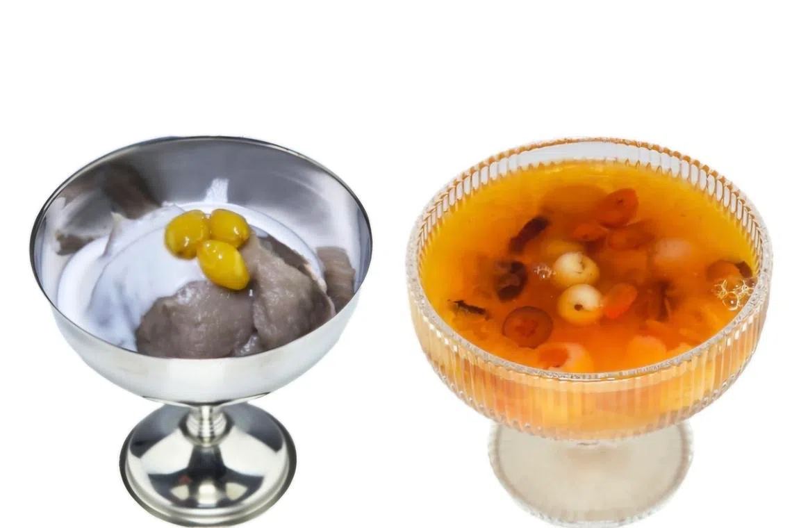 芋泥（左起）、龙眼银耳和黑糯米是受欢迎的经典糖水。（品牌提供）
