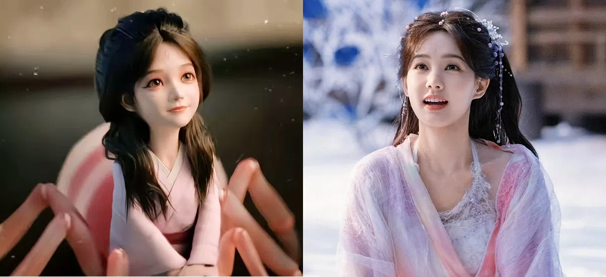 李一桐（右）饰演傻傻又可爱的蜘蛛精清瞳，前两集未化形为人之前，蜘蛛精是以CG方式（左）呈现。（互联网）