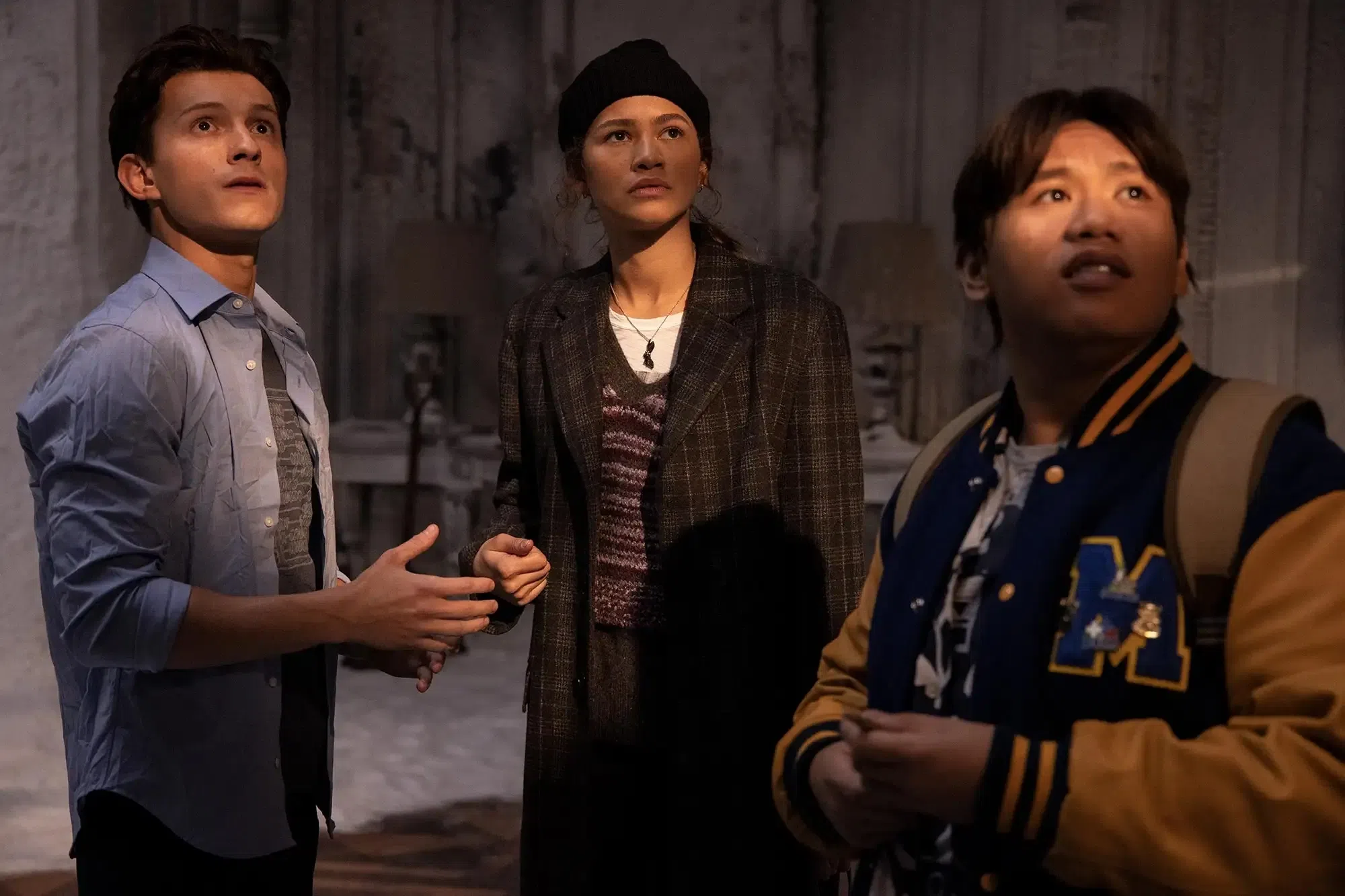 Tom Holland（左起）、Zendaya和Jacob Batalon合作四部《蜘蛛侠》电影，在片中是“好友三人行”。（互联网）