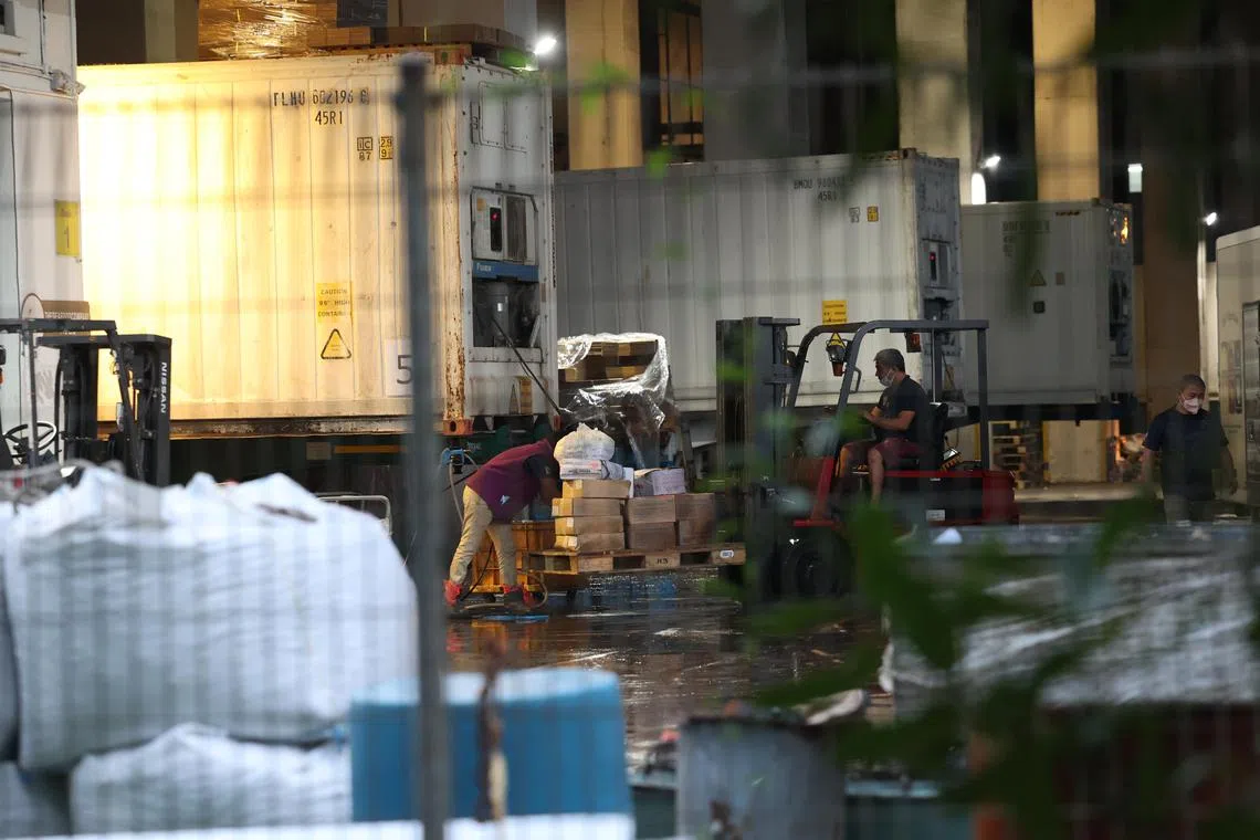据当年媒体报道，2021年9月3日傍晚，亚洲海洋冷藏库旁的TheSeafoodCompany冷藏库突发坍塌，超过2000公吨冷冻海鲜报废。（陈斌勤摄）