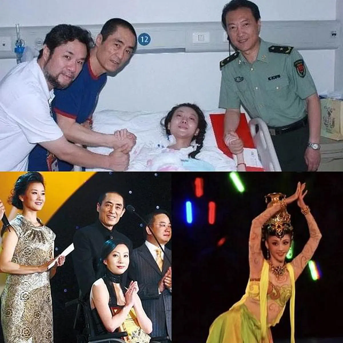 张艺谋（上图左二）探望彩排时摔伤的刘岩（上图右二）。北京奥运开幕式的舞蹈项目，后来交给殷硕演出（右下图）。刘岩过后伤愈，却终生必须靠轮椅代步。（左下图互联网）