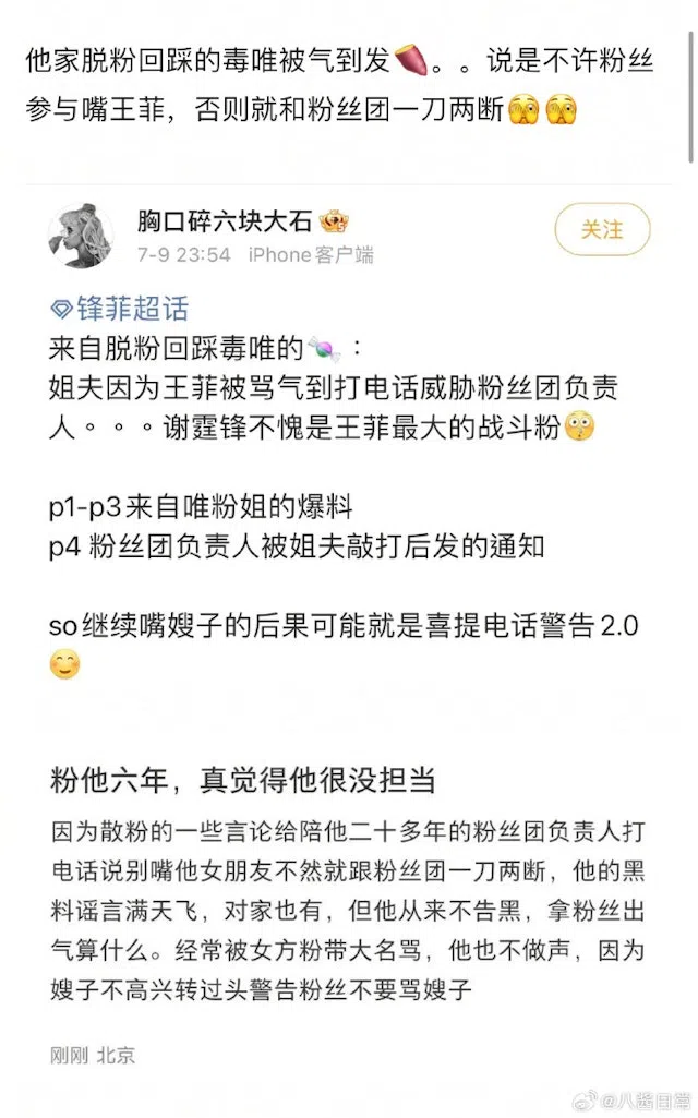 网民爆料指谢霆锋为王菲出言警告粉丝团。（互联网）