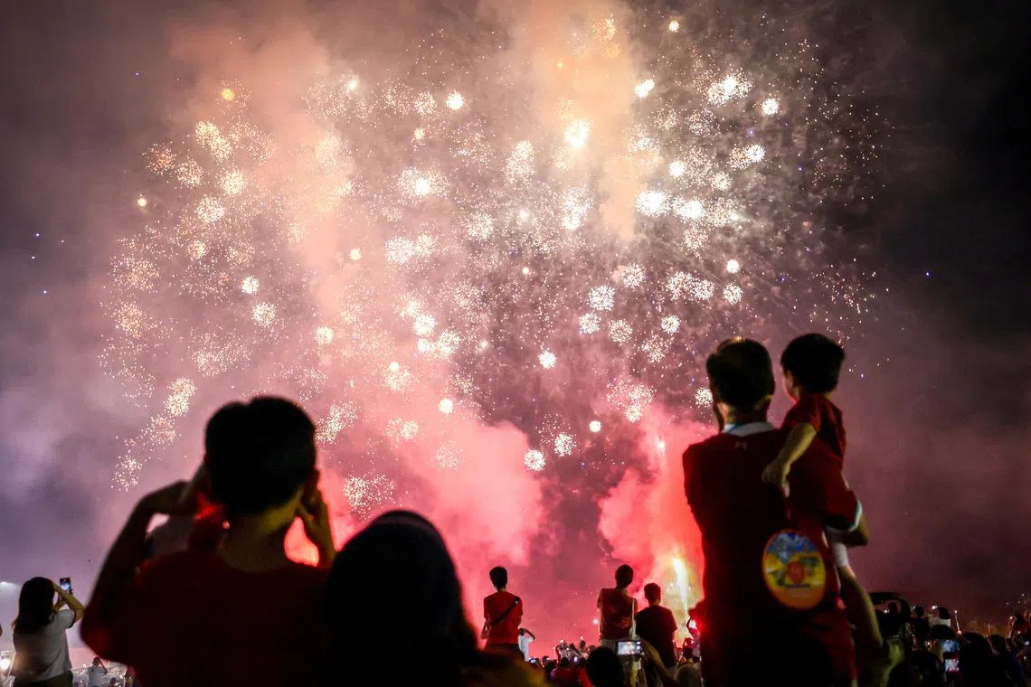 璀璨的烟花在碧山的夜空中绽放，宛如在画布上作画，七彩缤纷的色彩映入公众眼帘，定格在大家的记忆中。（叶振忠摄）
