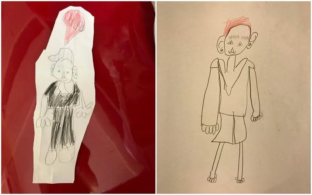 张晋和蔡少芬分享女儿笔下的爸爸妈妈。（取自艺人微博）