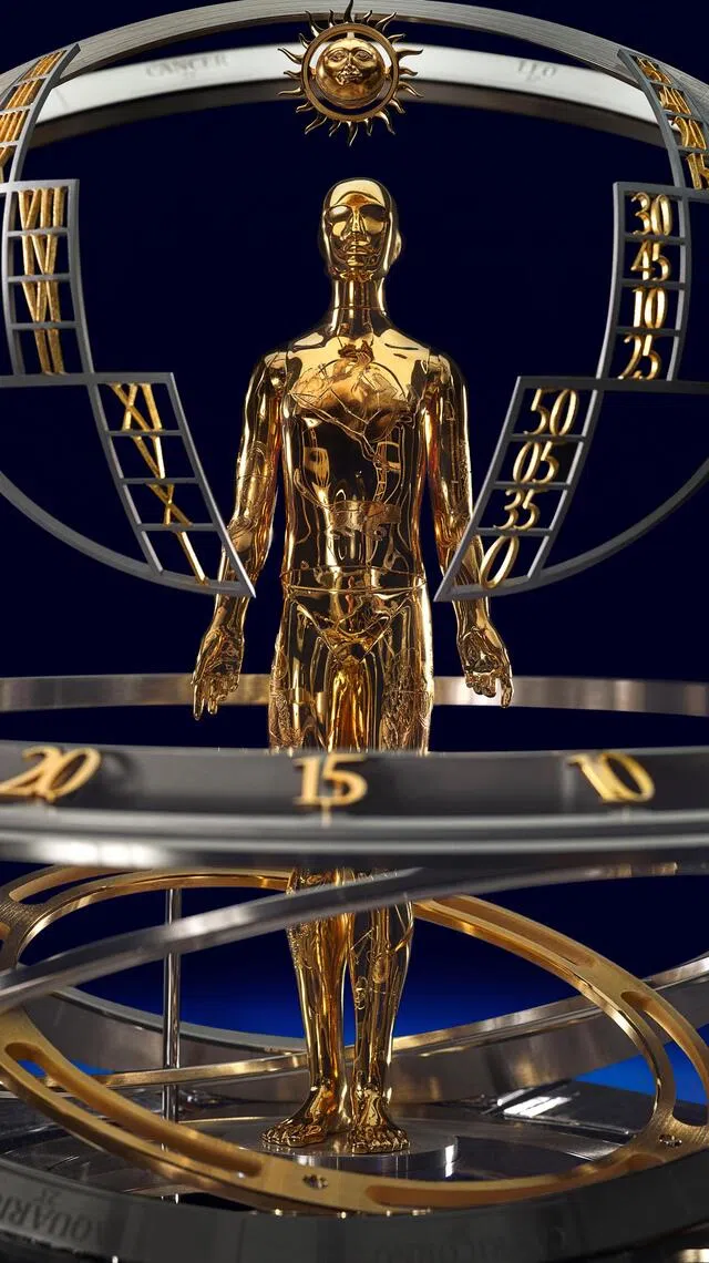 座钟的灵魂，在于天文学家动偶的舞蹈。它由青铜镀金制成，镶嵌132颗钻石，能完成144种不同姿态。（江诗丹顿提供）