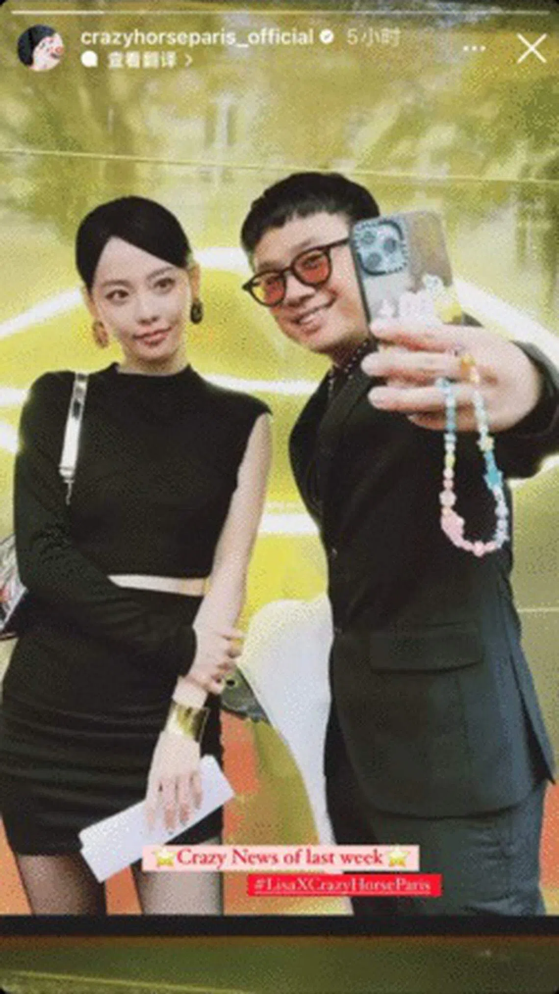张嘉倪登上疯马秀IG限时动态，她正在与人自拍，形同“被认证”有去看演出。（取自疯马秀IG）