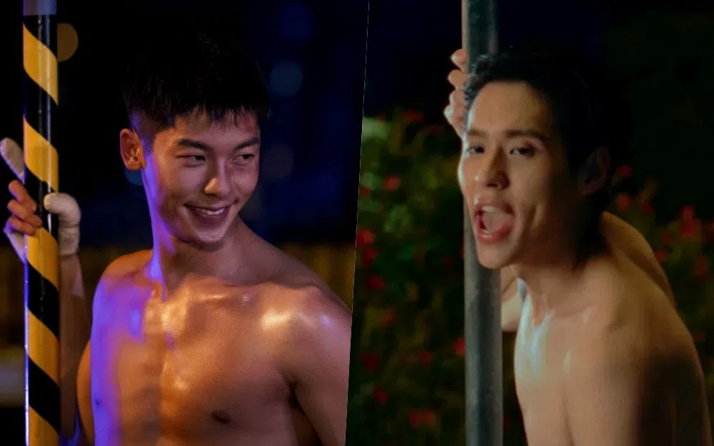 许光汉（左图）在《鬼家人》里的钢管舞名场面；泰国版主角Billkin（右图）在曼谷街头拍摄被“鬼老公”附身跳钢管舞的戏。（互联网）