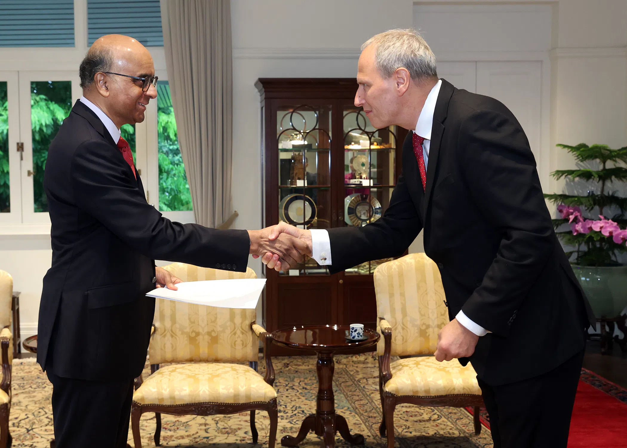 挪威驻我国大使特拉纳（右）星期二（8月27日）到总统府，向尚达曼总统呈递国书。（数码发展及新闻部提供）