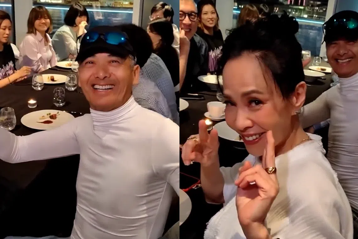 周润发生日与友人聚餐，妻子陈荟莲也在场。（袁咏仪小红书视频载图）