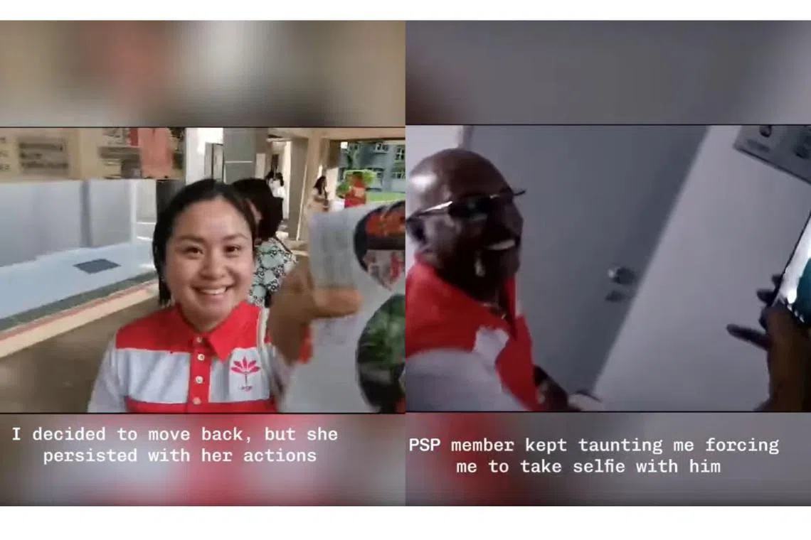 阿兹曼贴文中的第一段视频长34秒，显示一名前进党女义工以宣传单遮挡他的手机镜头（左图）。第二段视频长31秒，显示一名前进党男义工强迫阿兹曼和他自拍照片（右图）。（脸书视频截图）