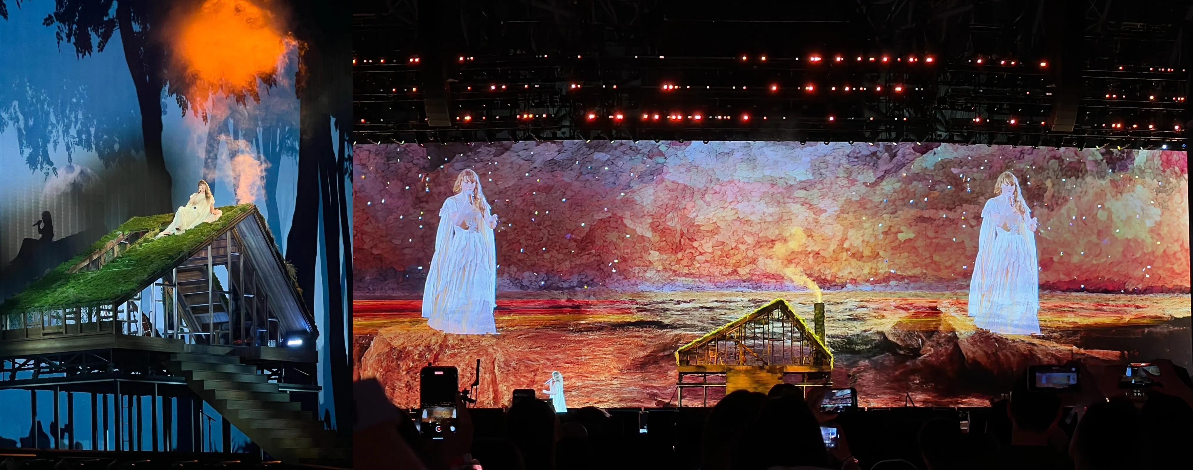 舞台中央架设了屋子造型的小舞台，大荧幕随歌曲转换画面，视觉效果美轮美奂。（读者李思佳（左图）、曾慧仪摄）