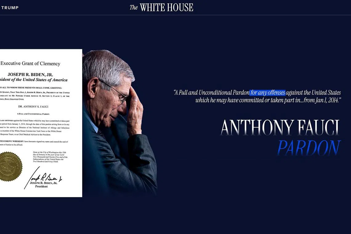 美国改版后的冠病网站批评美国国家过敏症和传染病研究所前所长福奇推行的防疫措施，并刊出美国前任总统拜登给予福奇的特赦令。拜登担心幕僚和官员会遭特朗普报复，所以在卸任前发出多份“预防性”特赦令。（网站截图）