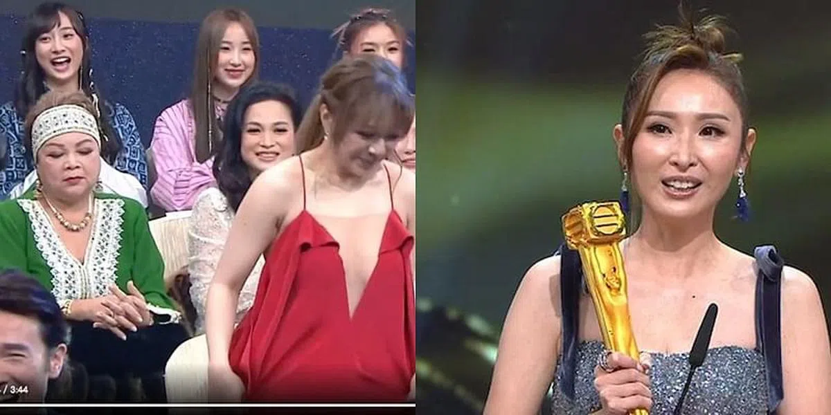 陈贝儿（右图）获得女主持奖时，肥妈（左图左一）被指没有鼓掌，其他时候不是黑脸就是疑似睡着。（视频截图）