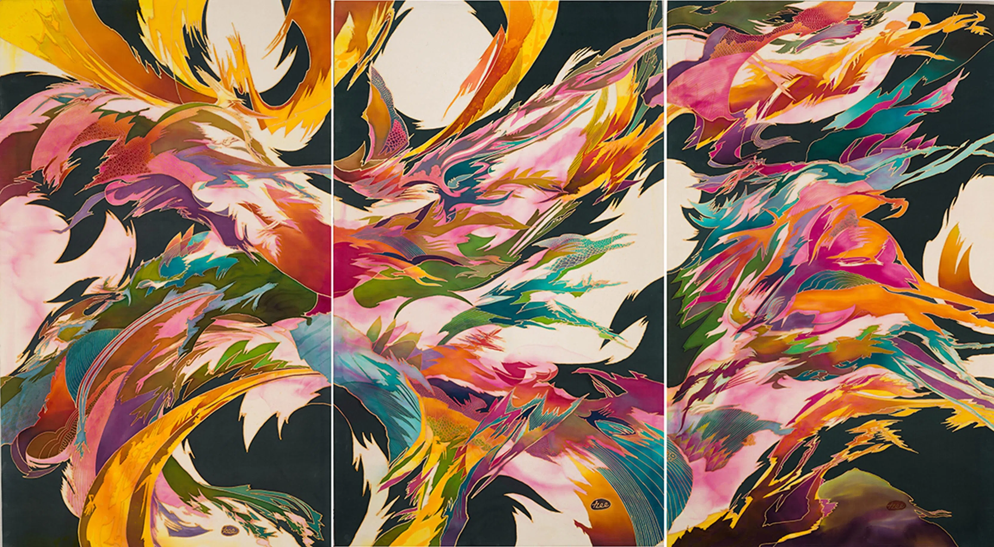 新加坡马来裔画家萨基斯·赛义德（Sarkasi Said，1940-2021）作品《和谐 1, 2, 3》。（秋斋珍藏）