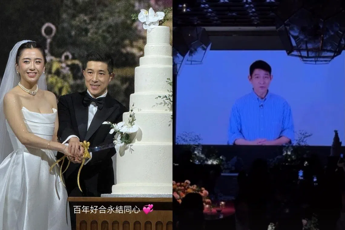 刘德华（左图）特地录制视频为一对新人送上祝福。（取自刘嘉玲和汤君耀IG）