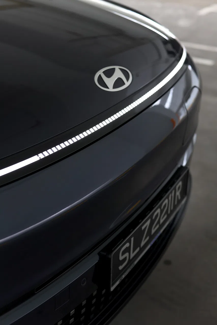 贯穿式LED日间行车灯条的中间部分，有方块像素点阵灯效。（龙国雄摄）