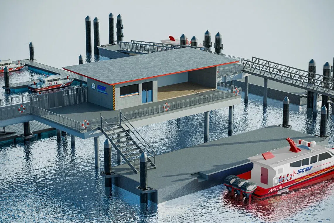 榜鹅海事消防站具备陆地与海上的应急反应能力，陆上救援配备包括一辆轻型消防车、消防电单车及救护车；海上救援配备则有迅速反应消防船艇。消防站将与新加坡外展训练中心共享码头使用权。（新加坡民防部队提供）