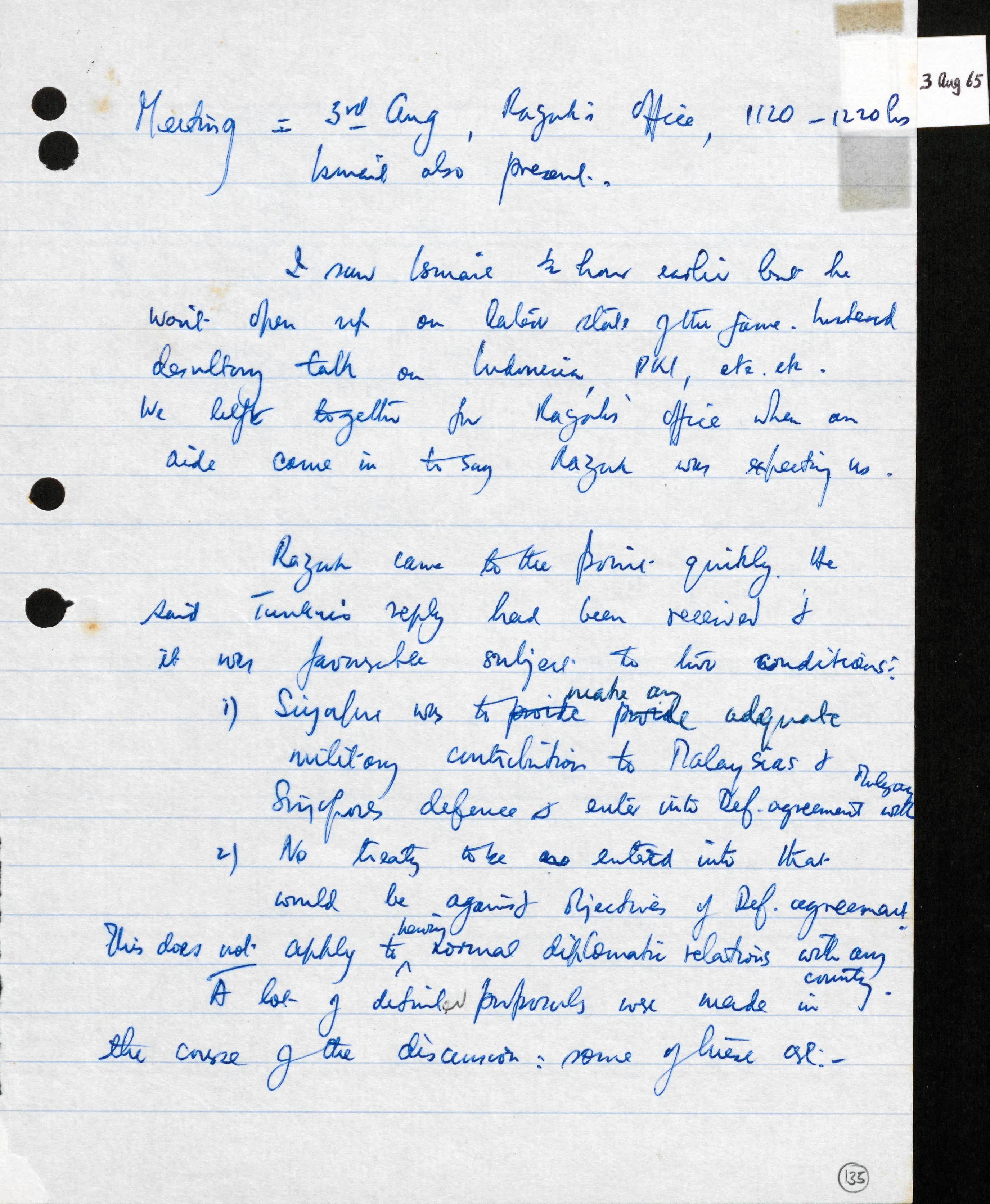 图为吴庆瑞1965年8月3日与敦拉萨等人协商新马分家时的手写笔记。（国家档案馆提供）