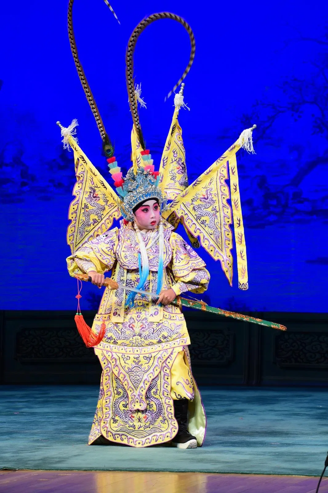 2018年，身穿黄色大扣的杨诺琛饰演《隋宫十载菱花梦》中的杨越。（受访者提供）