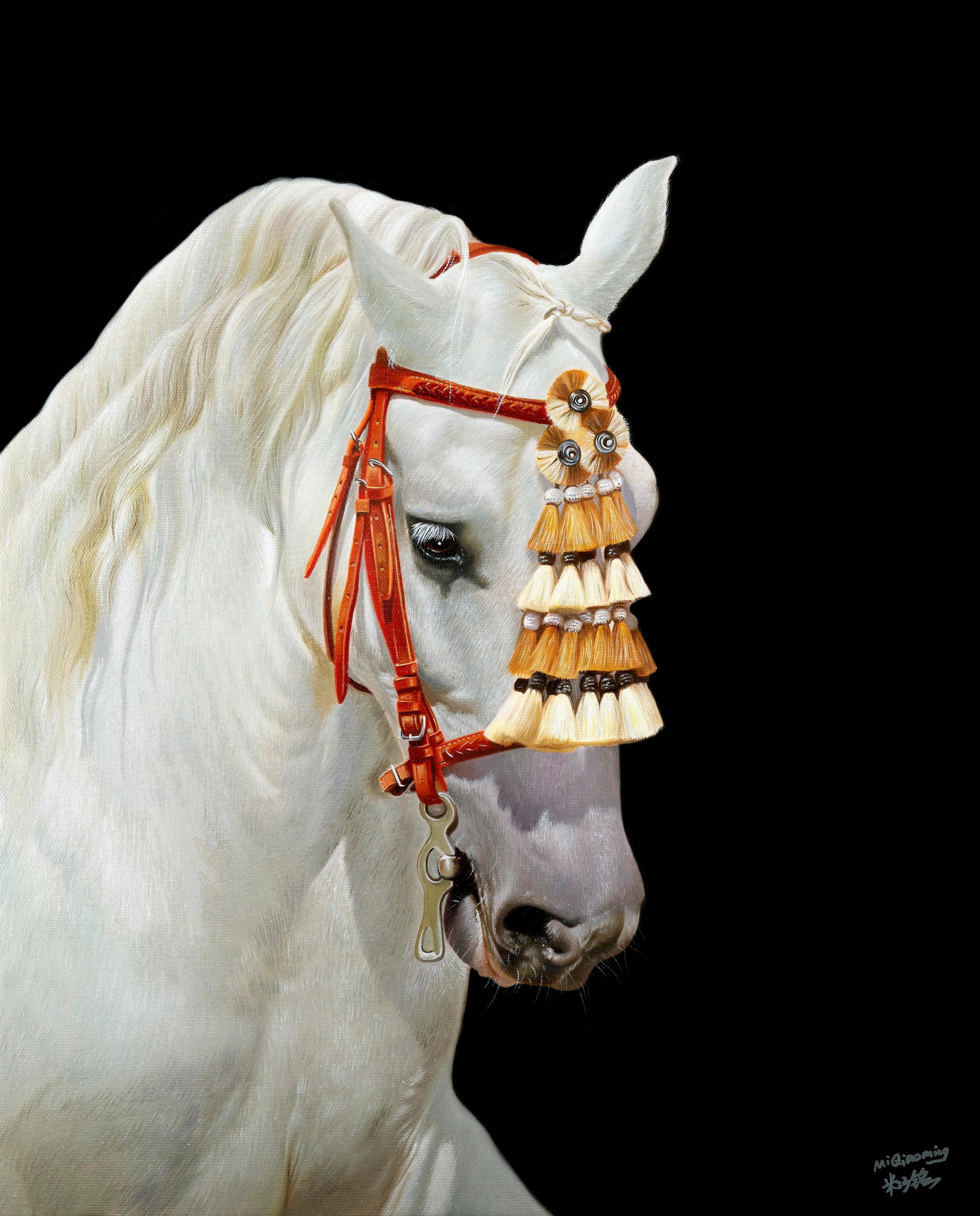 米巧铭布面油画《玉骢》（54×42cm，2025）。（米巧铭提供）